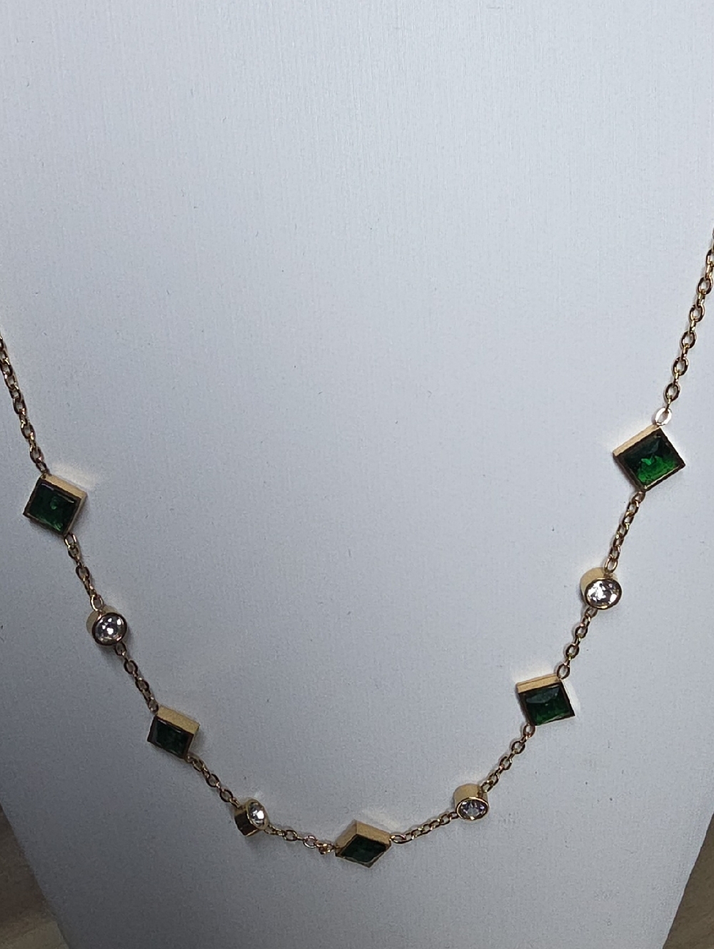 Gold Tone Steel Chain Necklace with Emerald Green Stones and Clear Accents